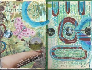 spring-themed page in blue, green and red-brown