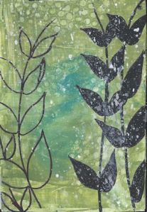 green postcard, dark painted foliage layer